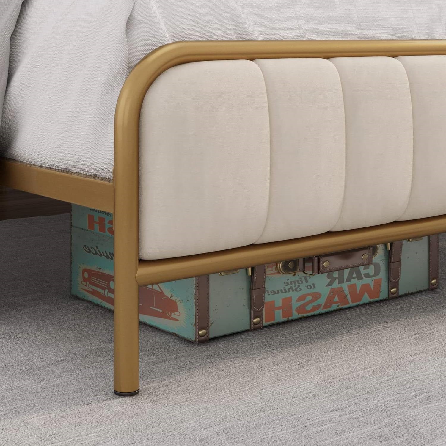 Queen size Gold Metal Platform Bed Frame with Off-White Upholstered Headboard - Image 4