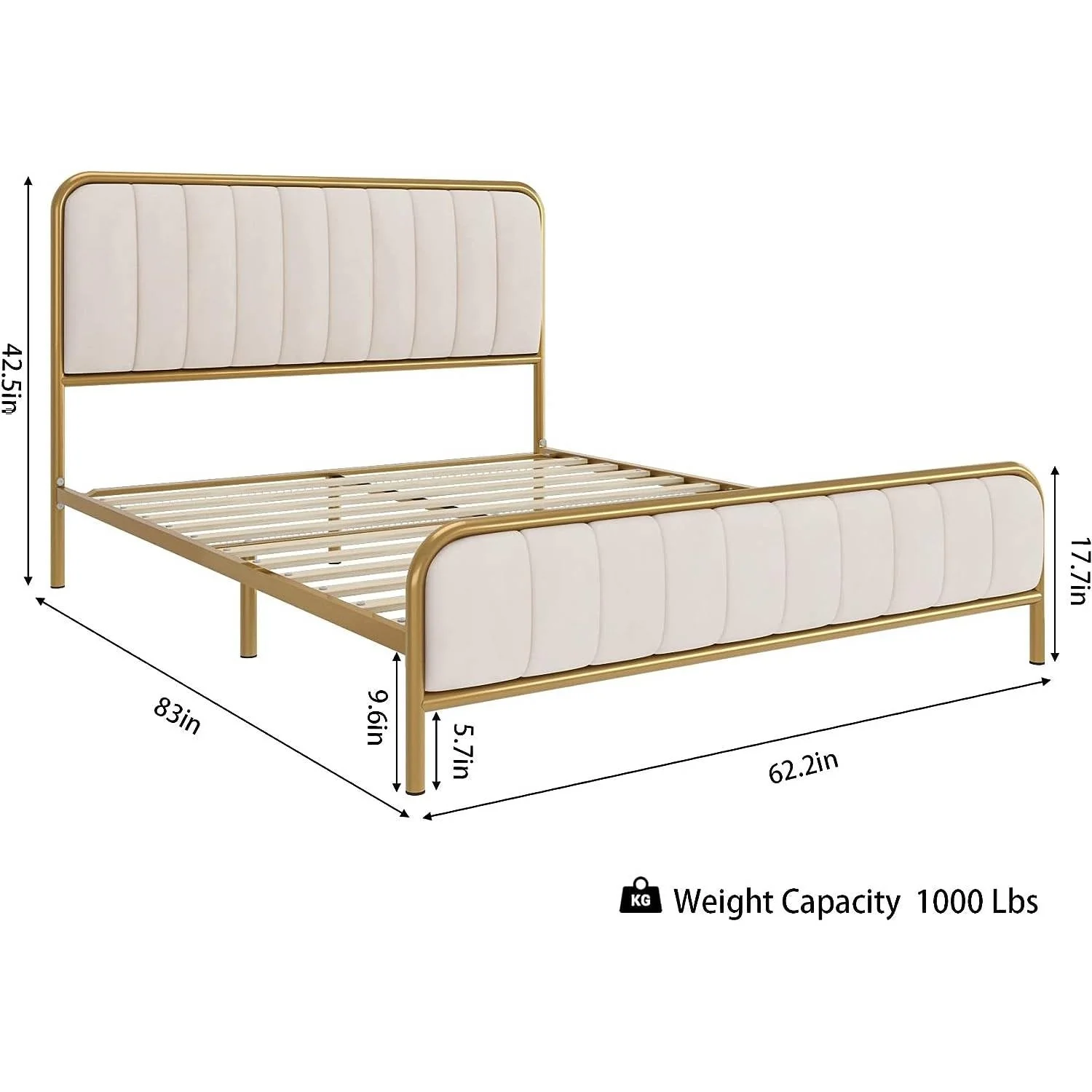 Queen size Gold Metal Platform Bed Frame with Off-White Upholstered Headboard - Image 5