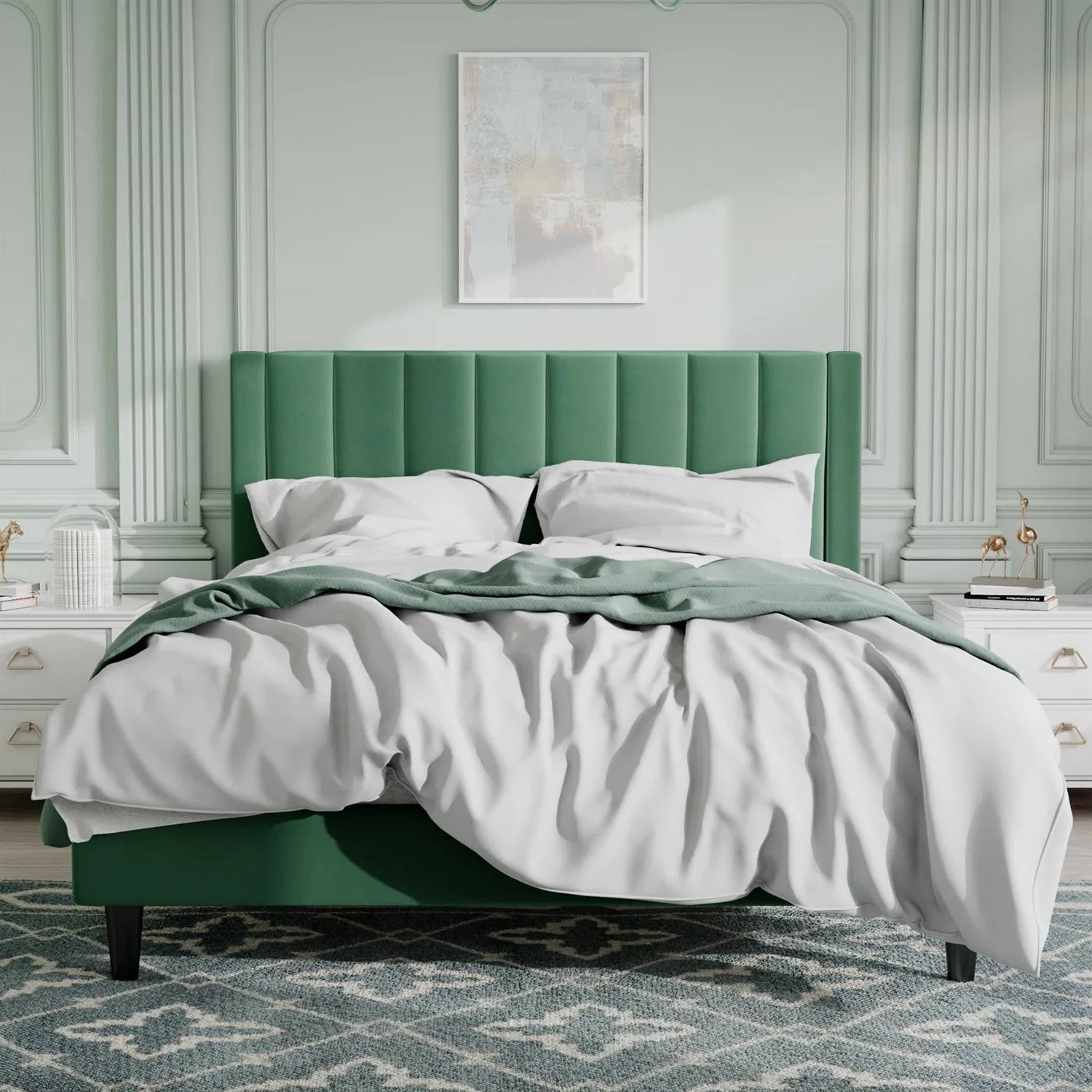 Queen size Green Velvet Upholstered Platform Bed Frame with Headboard - Image 2