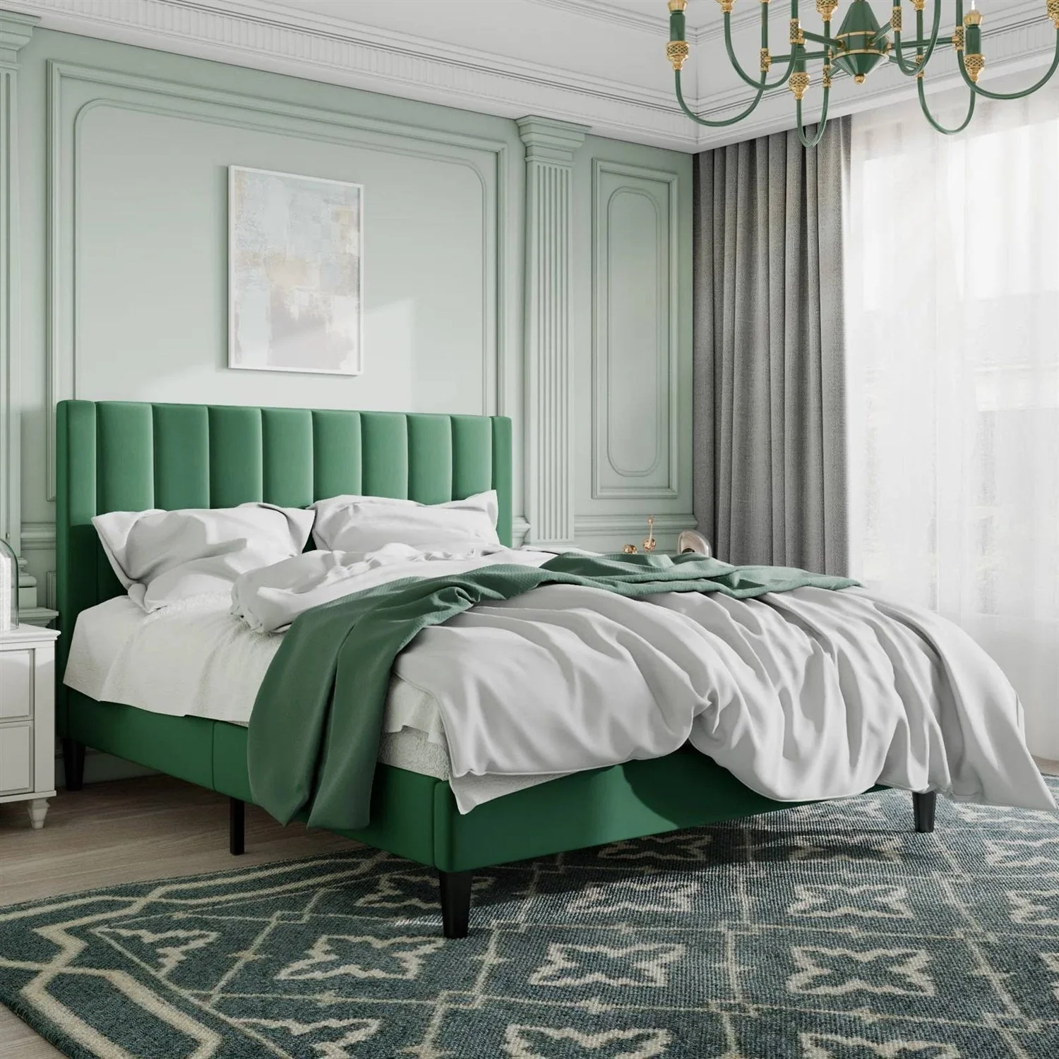 Queen size Green Velvet Upholstered Platform Bed Frame with Headboard - Image 3