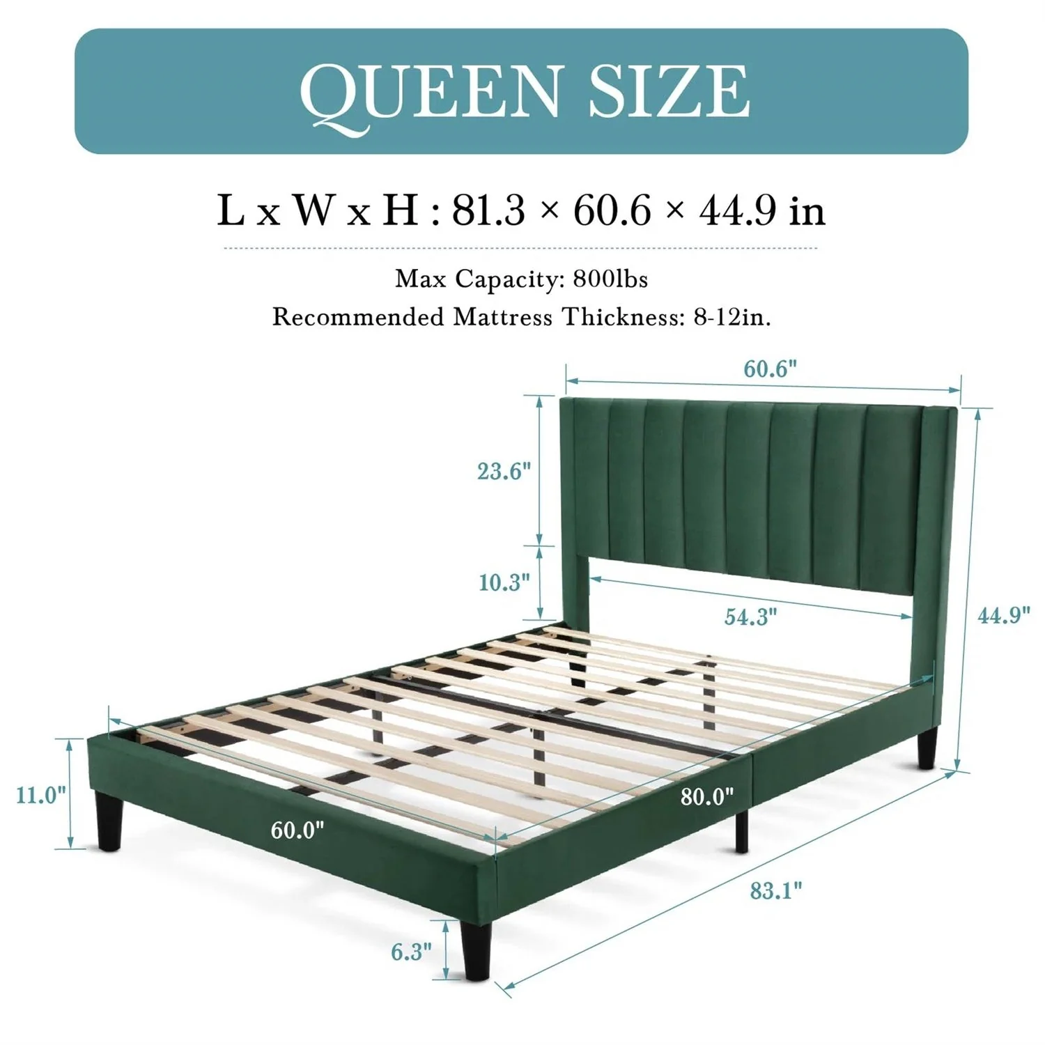 Queen size Green Velvet Upholstered Platform Bed Frame with Headboard - Image 5