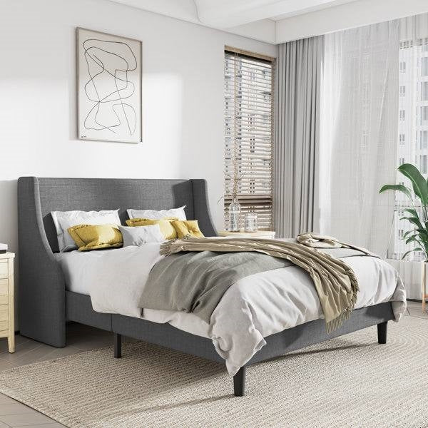 Queen Size Grey Linen Blend Upholstered Platform Bed with Wingback Headboard - Image 2