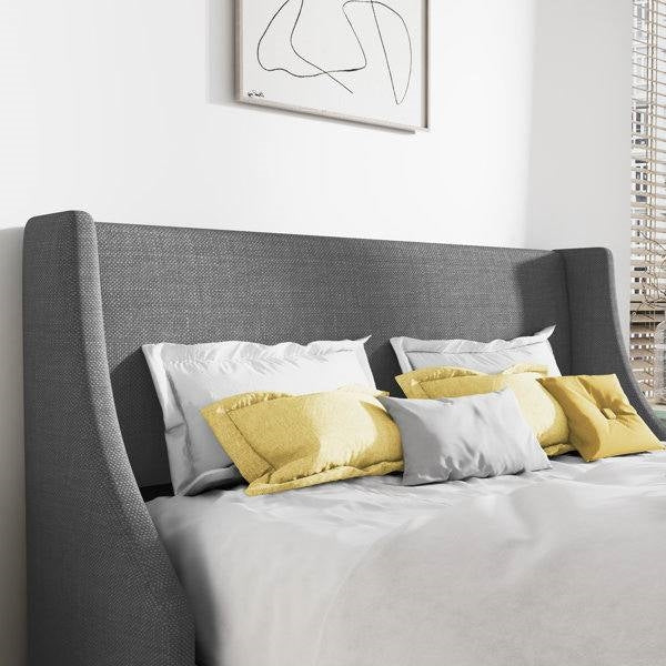 Queen Size Grey Linen Blend Upholstered Platform Bed with Wingback Headboard - Image 3