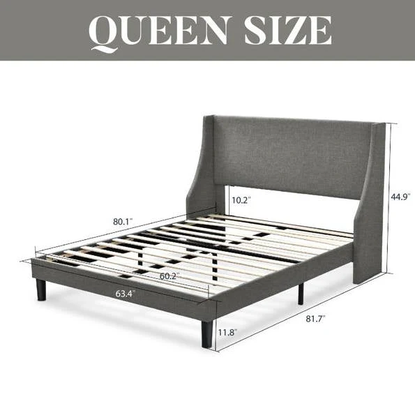 Queen Size Grey Linen Blend Upholstered Platform Bed with Wingback Headboard - Image 5