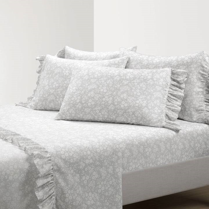 Queen size Grey Ruffle Floral Polyester 6 Piece Sheet Set - Image 2