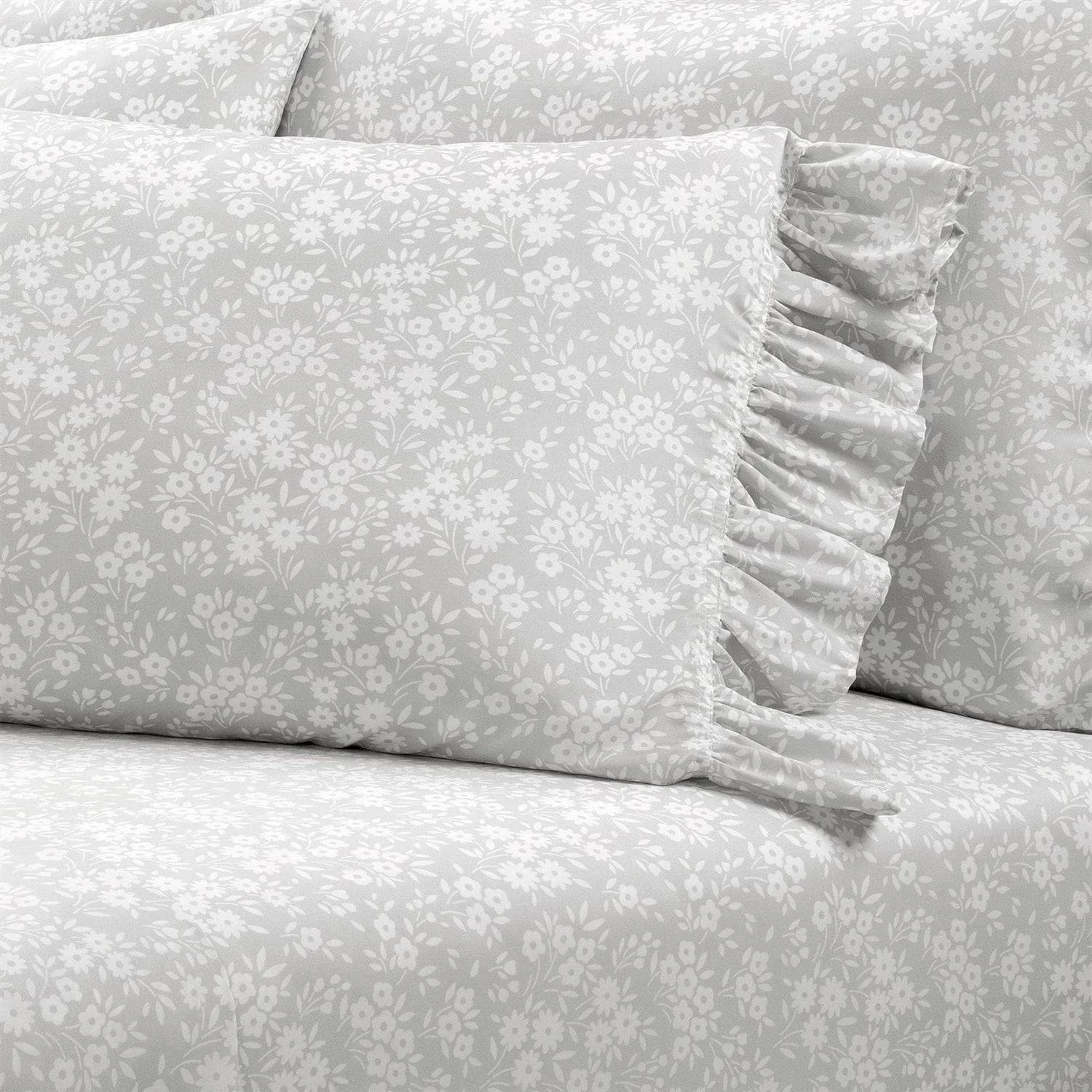 Queen size Grey Ruffle Floral Polyester 6 Piece Sheet Set - Image 3