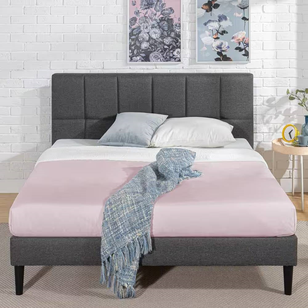 Queen size Grey Upholstered Platform Bed Frame with Padded Headboard - Image 2