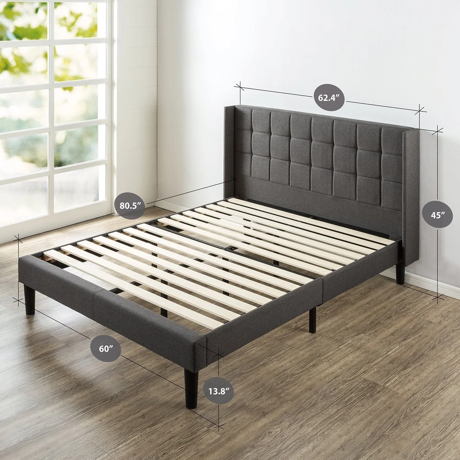 Queen size Grey Wingback Upholstered Platform Bed - Image 2