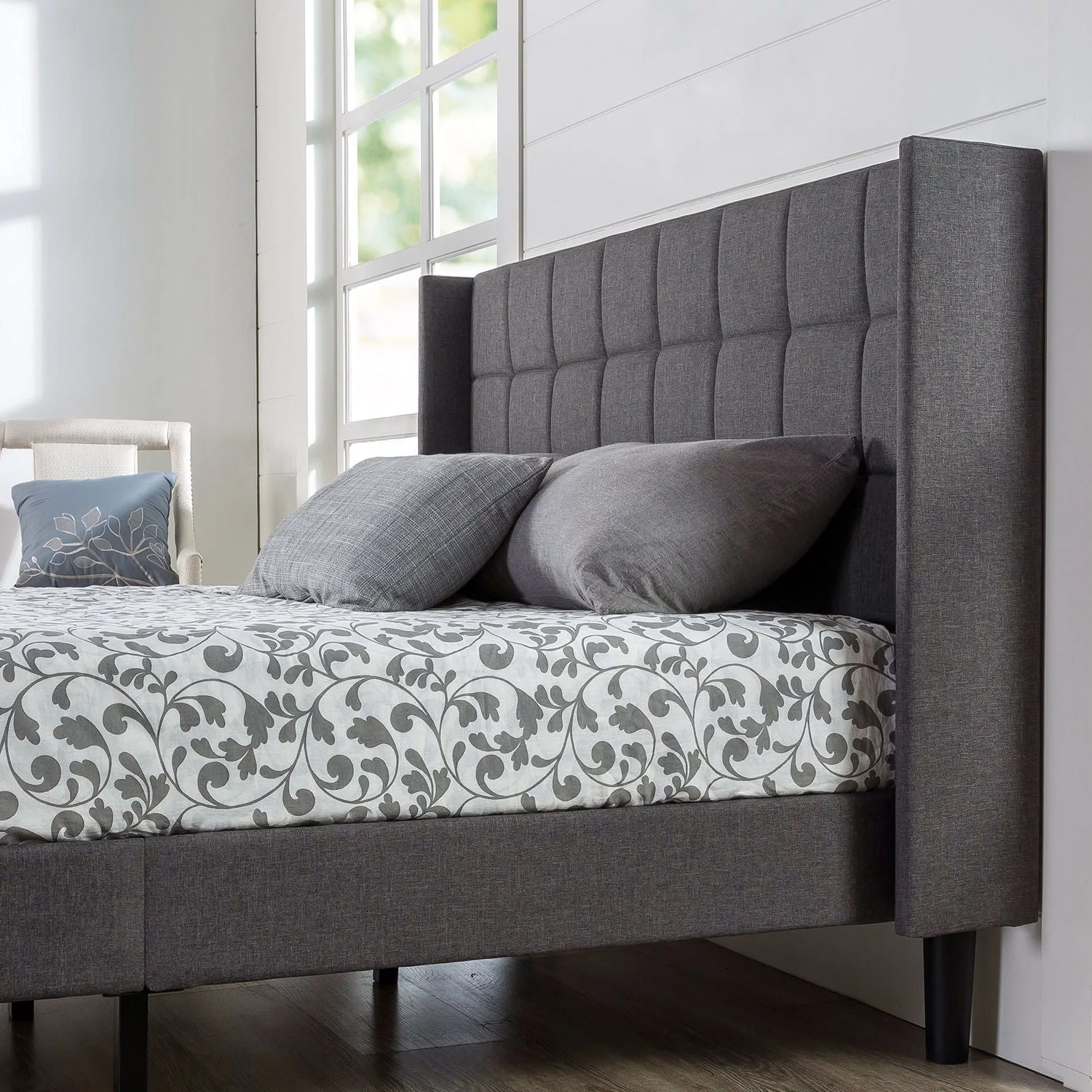 Queen size Grey Wingback Upholstered Platform Bed - Image 3