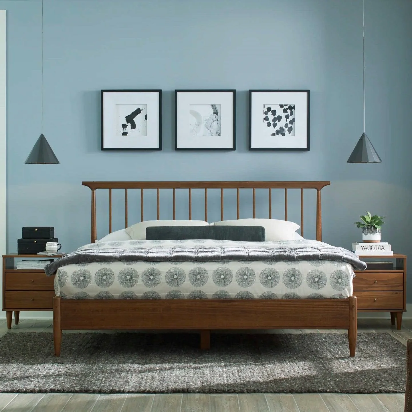 Queen Size Hardwood Mid Century Platform Bed Frame with Headboard in Walnut - Image 3