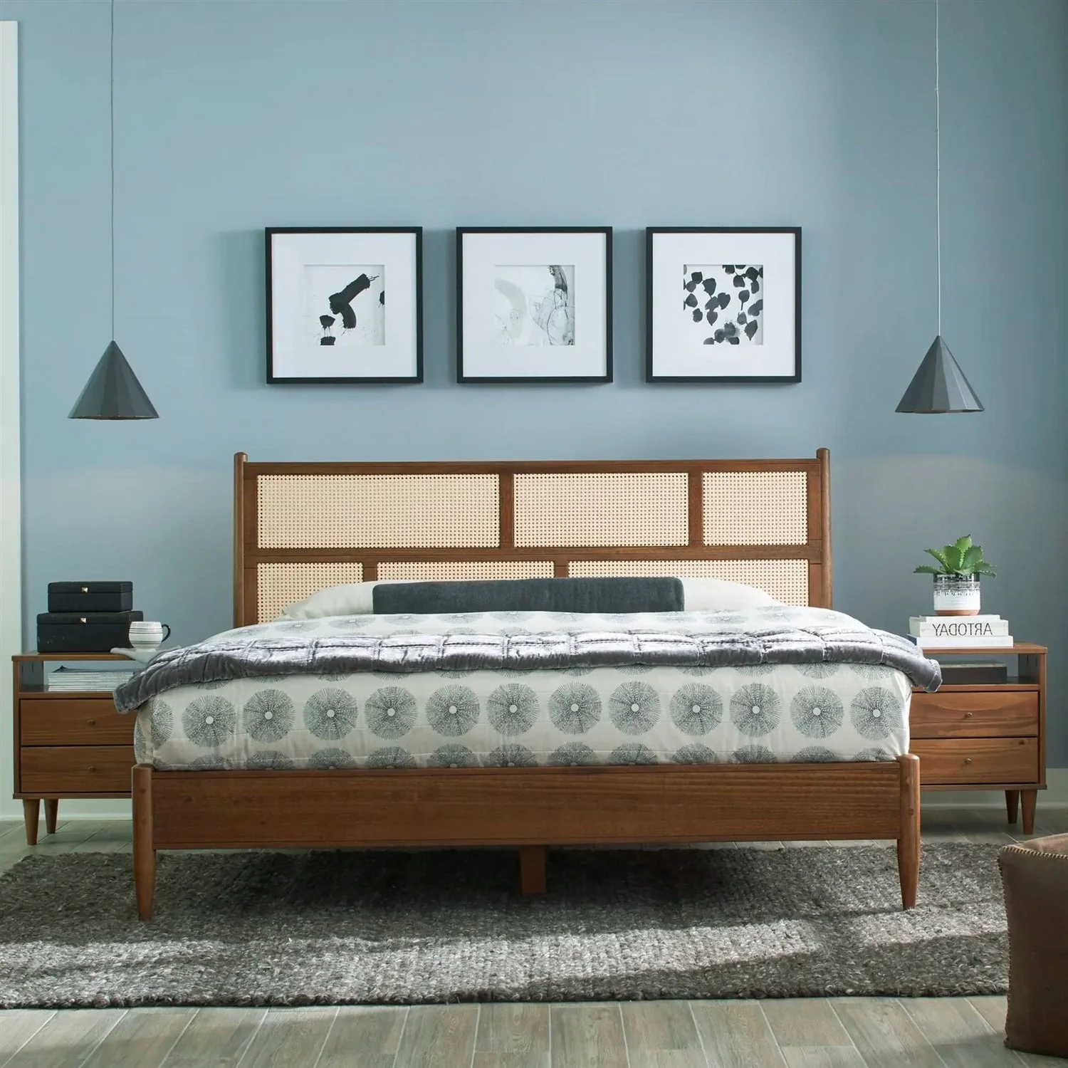 Queen Size Hardwood Platform Bed Frame with Cane Paneling Headboard in Walnut - Image 3