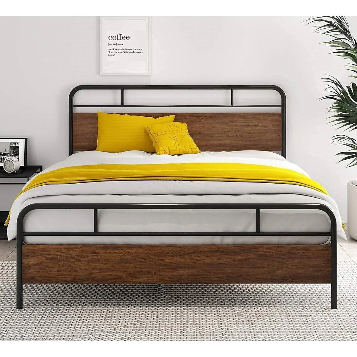 Queen Size Industrial Metal Wood Platform Bed Frame with Headboard and Footboard - Image 2