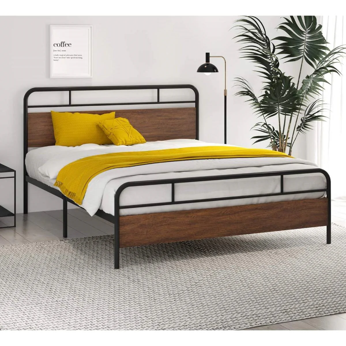 Queen Size Industrial Metal Wood Platform Bed Frame with Headboard and Footboard - Image 3
