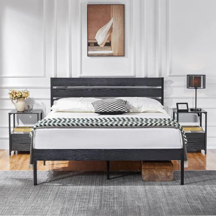 Queen size Industrial Platform Bed Frame with Wood Slatted Headboard in Black - Image 2