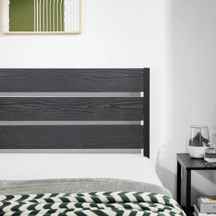 Queen size Industrial Platform Bed Frame with Wood Slatted Headboard in Black - Image 3