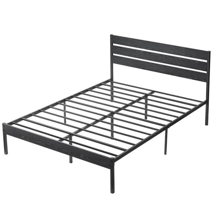 Queen size Industrial Platform Bed Frame with Wood Slatted Headboard in Black - Image 4