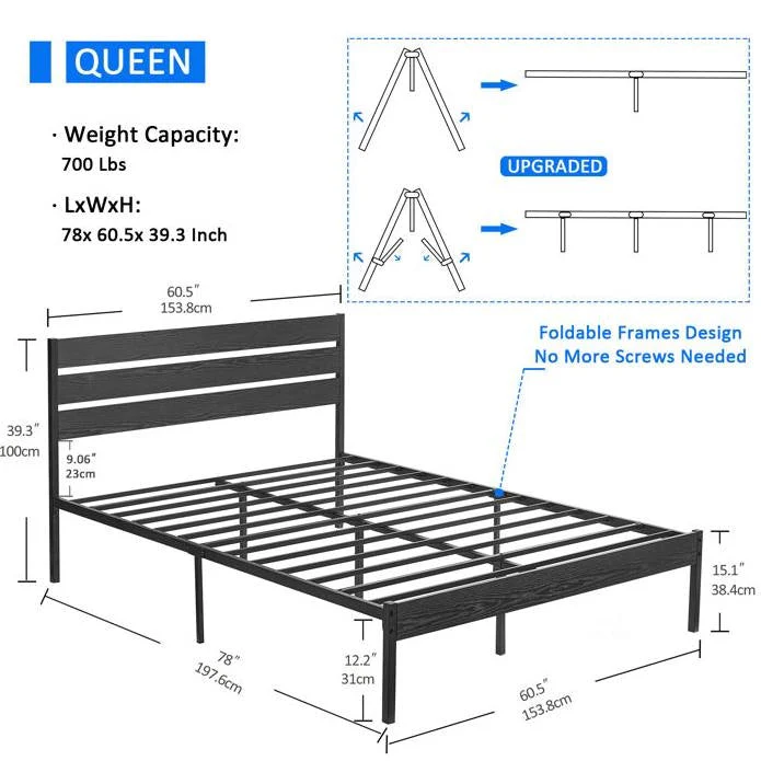 Queen size Industrial Platform Bed Frame with Wood Slatted Headboard in Black - Image 5