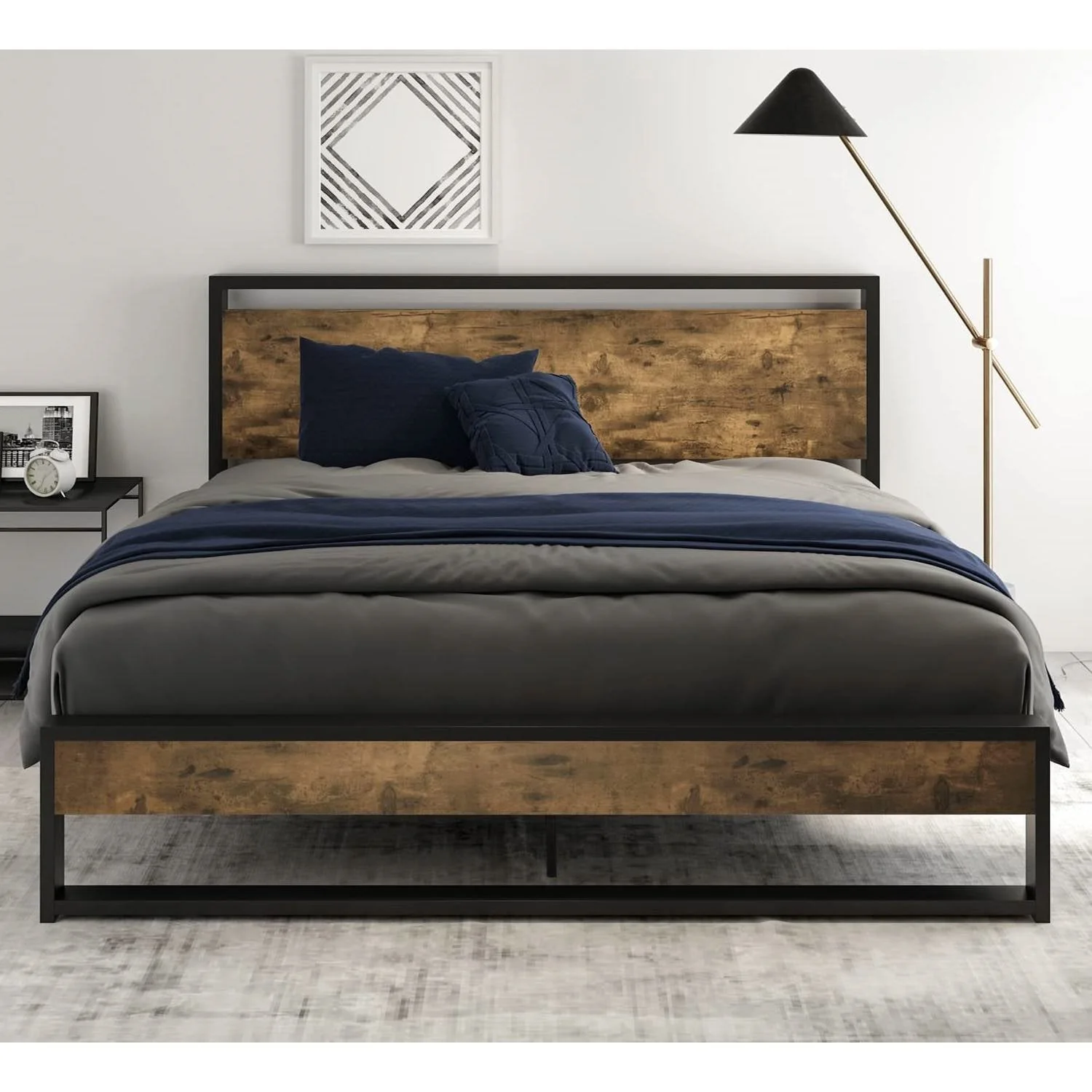 Queen size Metal Wood Platform Bed Frame with Industrial Headboard - Image 2