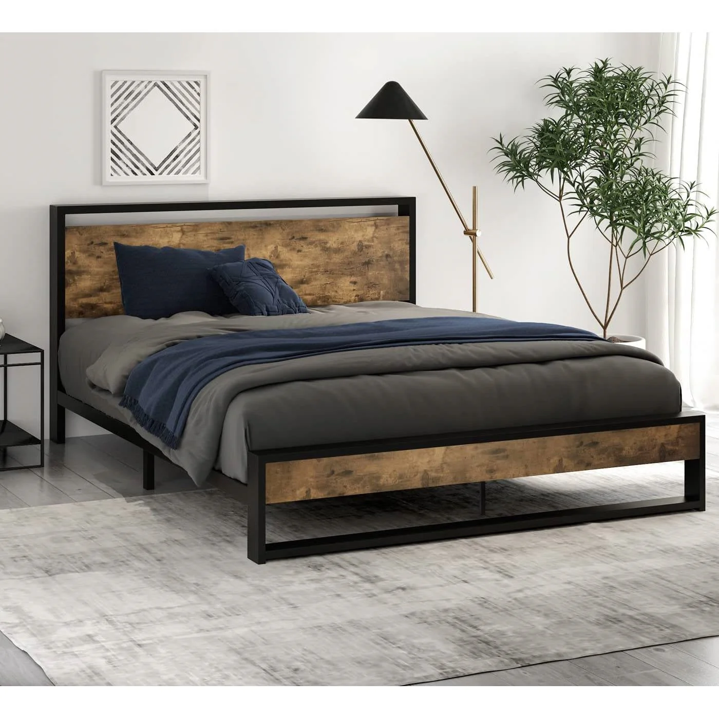 Queen size Metal Wood Platform Bed Frame with Industrial Headboard - Image 3