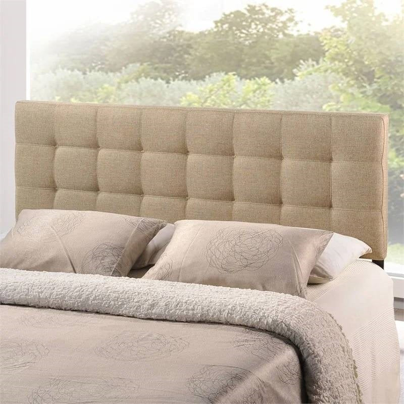 Queen size Modern Beige Tan Taupe Fabric Tufted Upholstered Headboard - Image 2