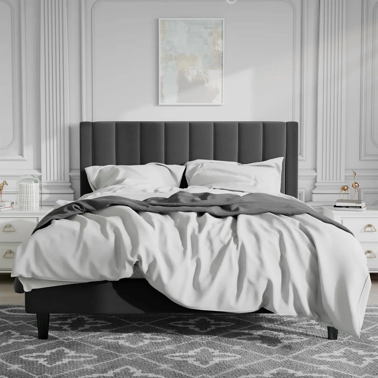 Queen size Modern Black Velvet Upholstered Platform Bed with Headboard - Image 2