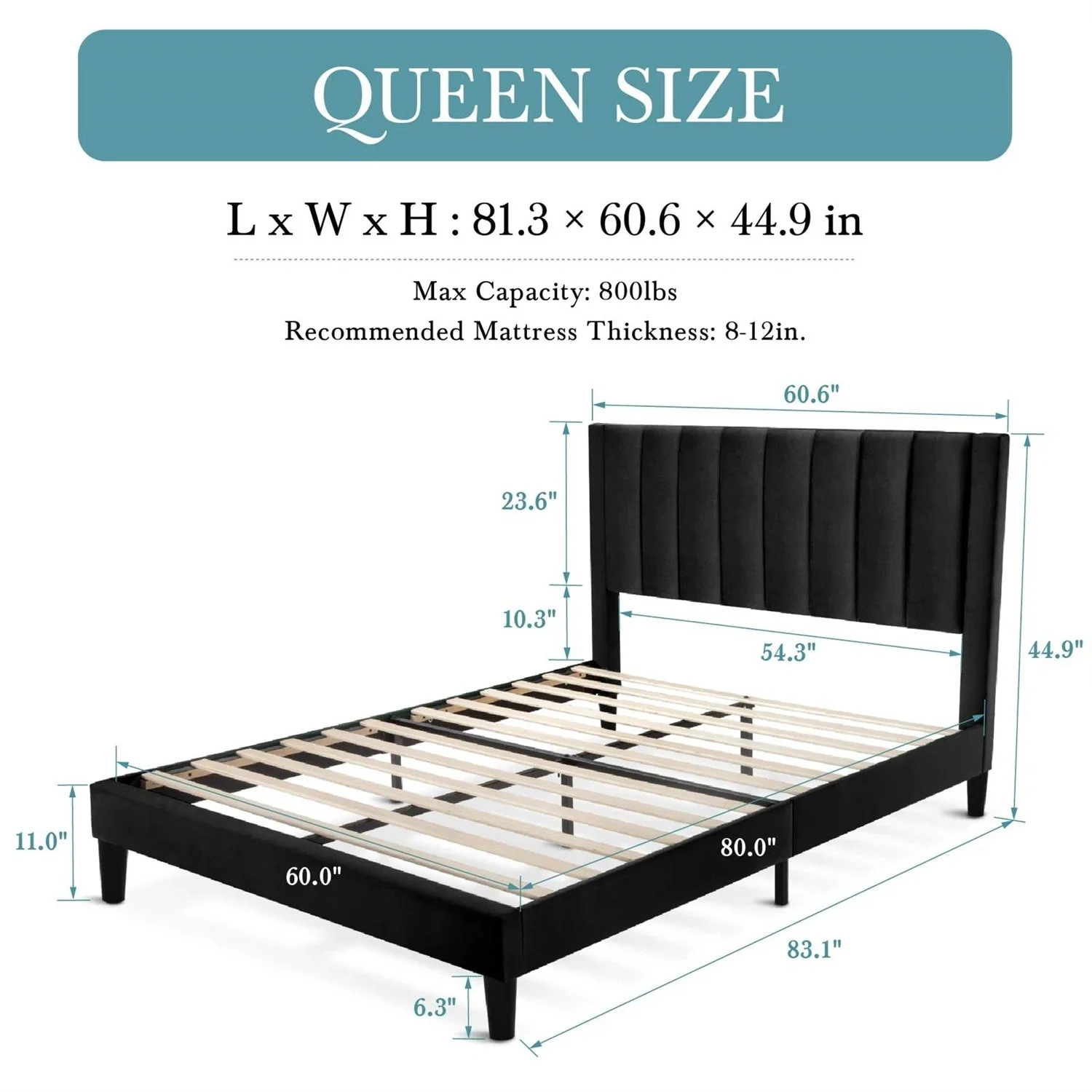 Queen size Modern Black Velvet Upholstered Platform Bed with Headboard - Image 5