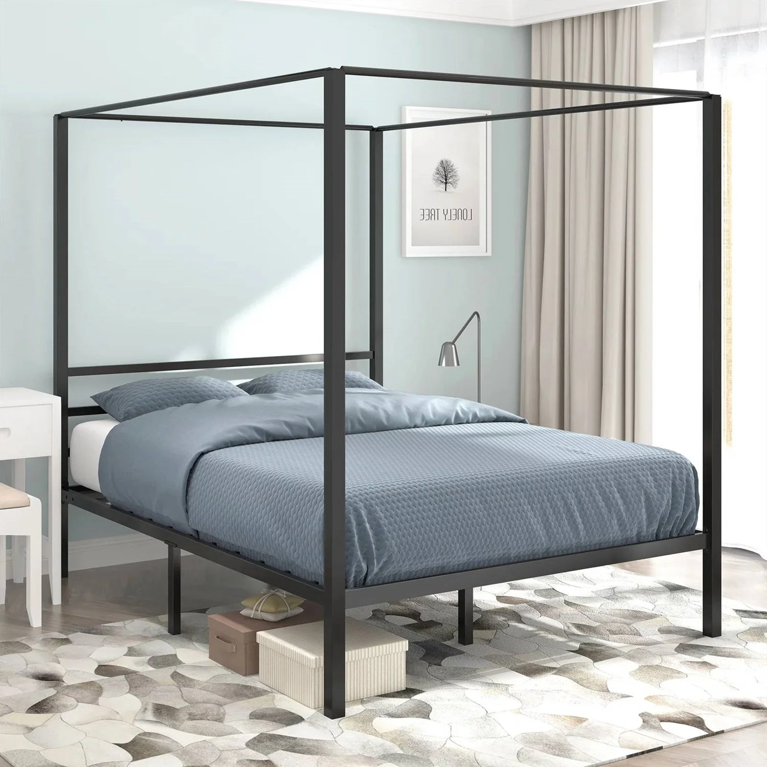 Queen size Modern Four Poster Metal Canopy Bed in Black Finish - Image 3
