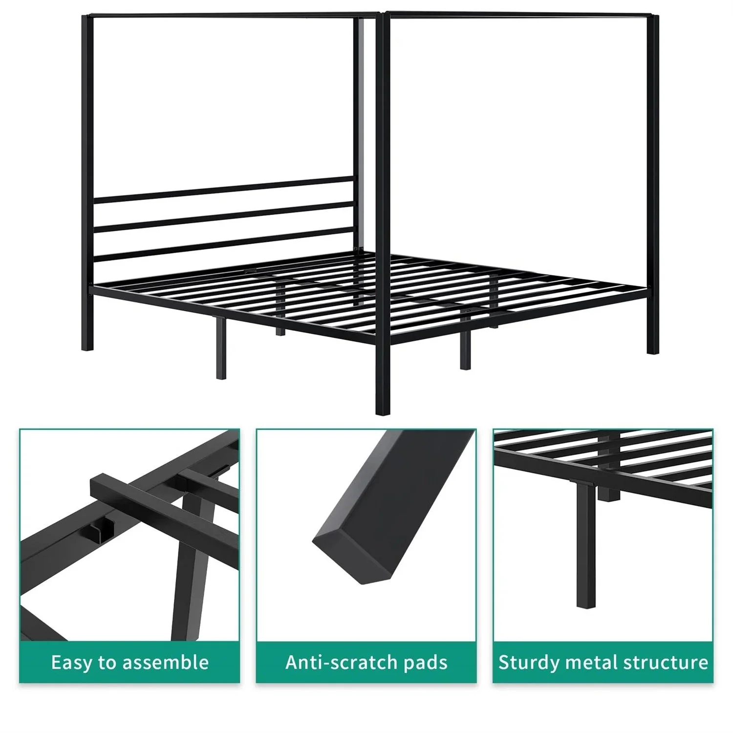 Queen size Modern Four Poster Metal Canopy Bed in Black Finish - Image 4