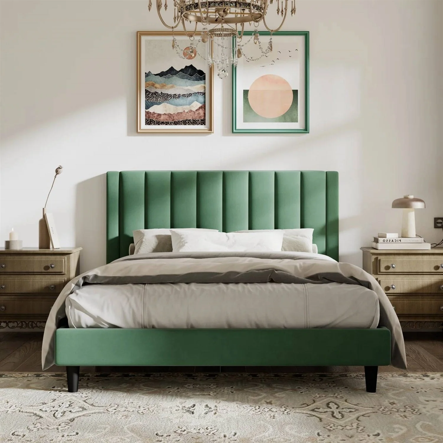 Queen size Modern Green Velvet Upholstered Platform Bed with Headboard - Image 2