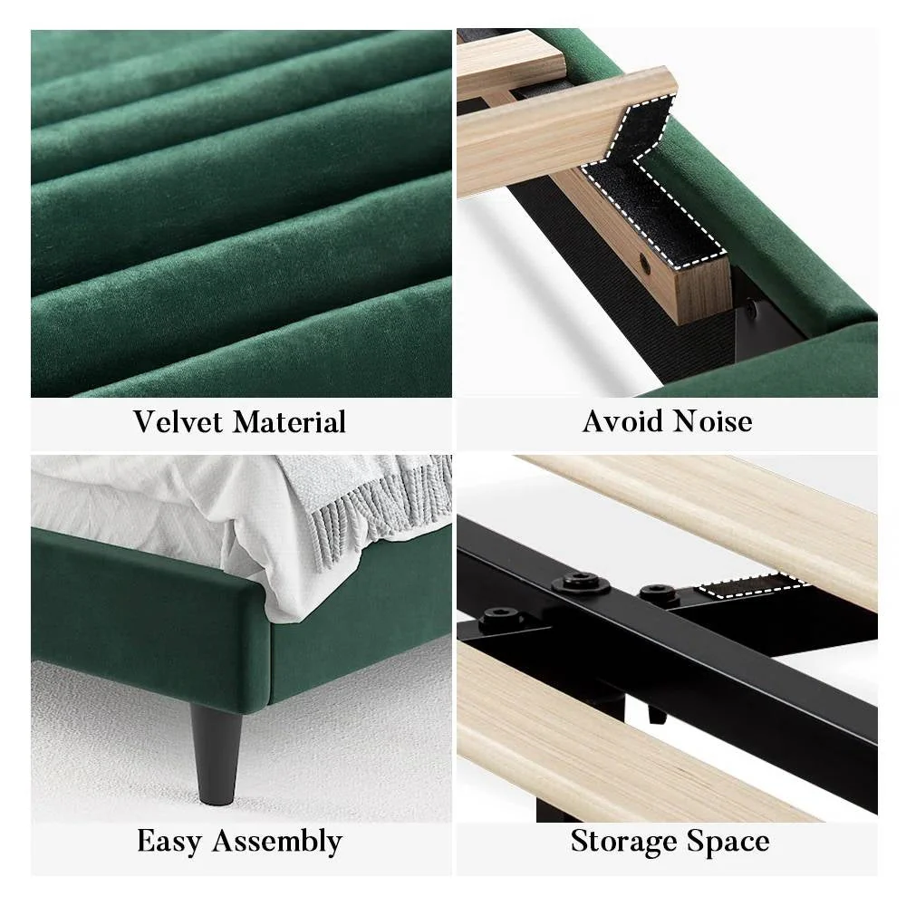 Queen size Modern Green Velvet Upholstered Platform Bed with Headboard - Image 4
