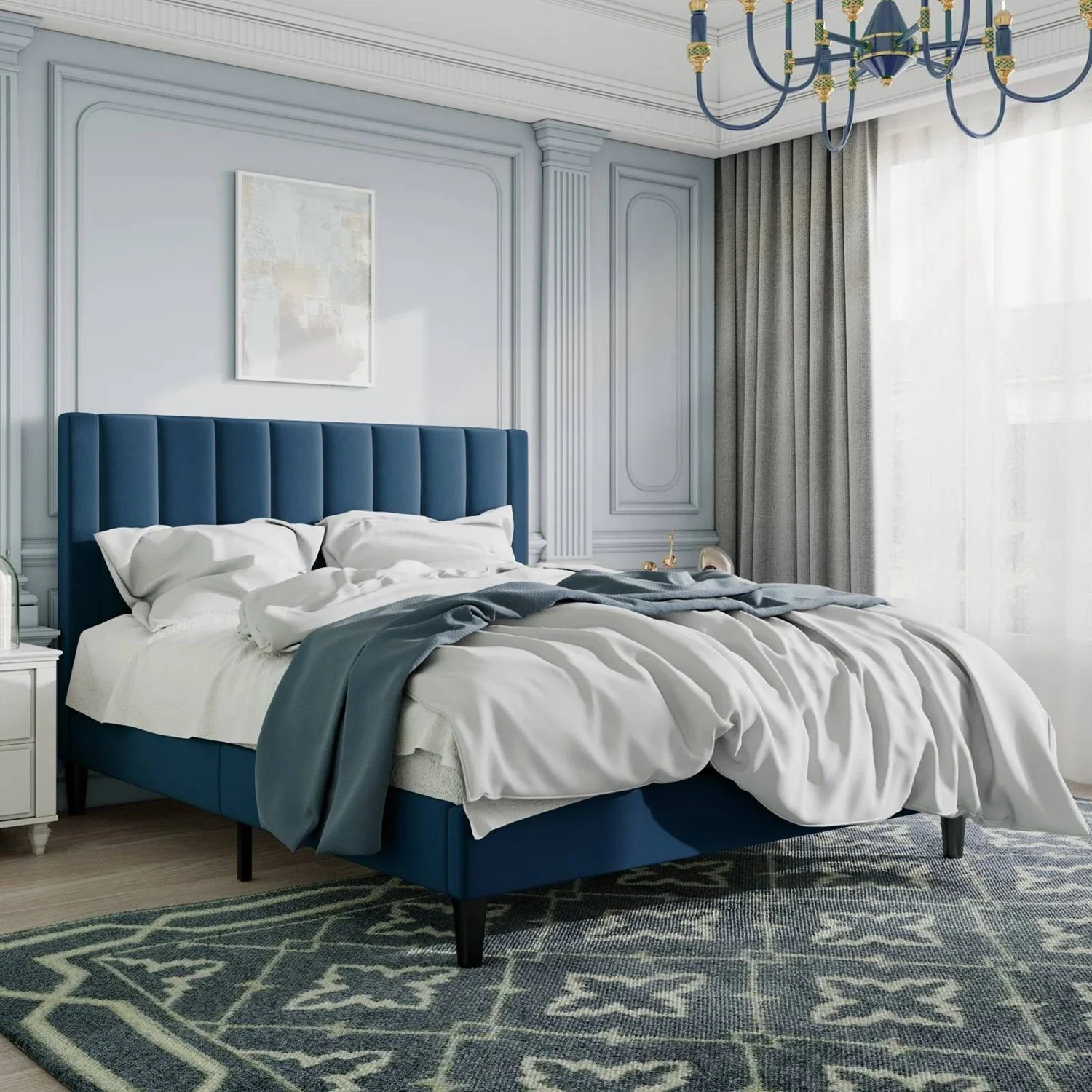 Queen size Modern Navy Blue Velvet Upholstered Platform Bed with Headboard - Image 2