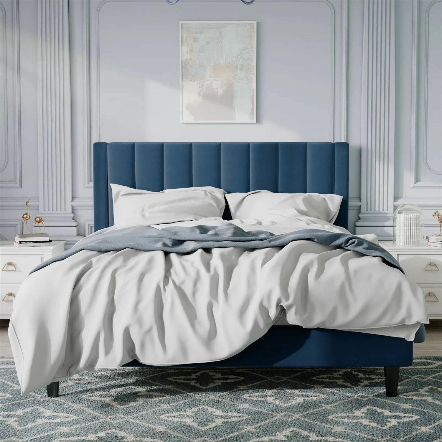 Queen size Modern Navy Blue Velvet Upholstered Platform Bed with Headboard - Image 3