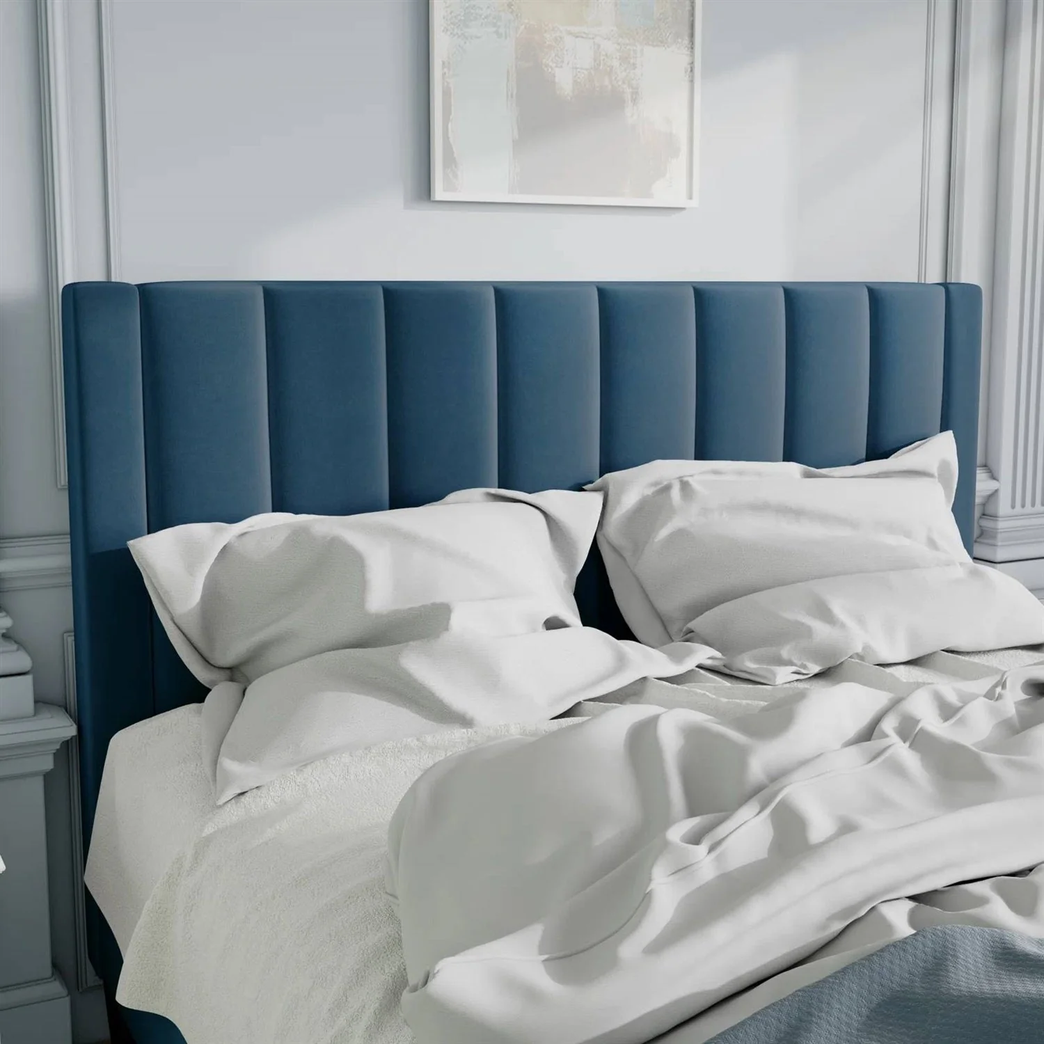 Queen size Modern Navy Blue Velvet Upholstered Platform Bed with Headboard - Image 4