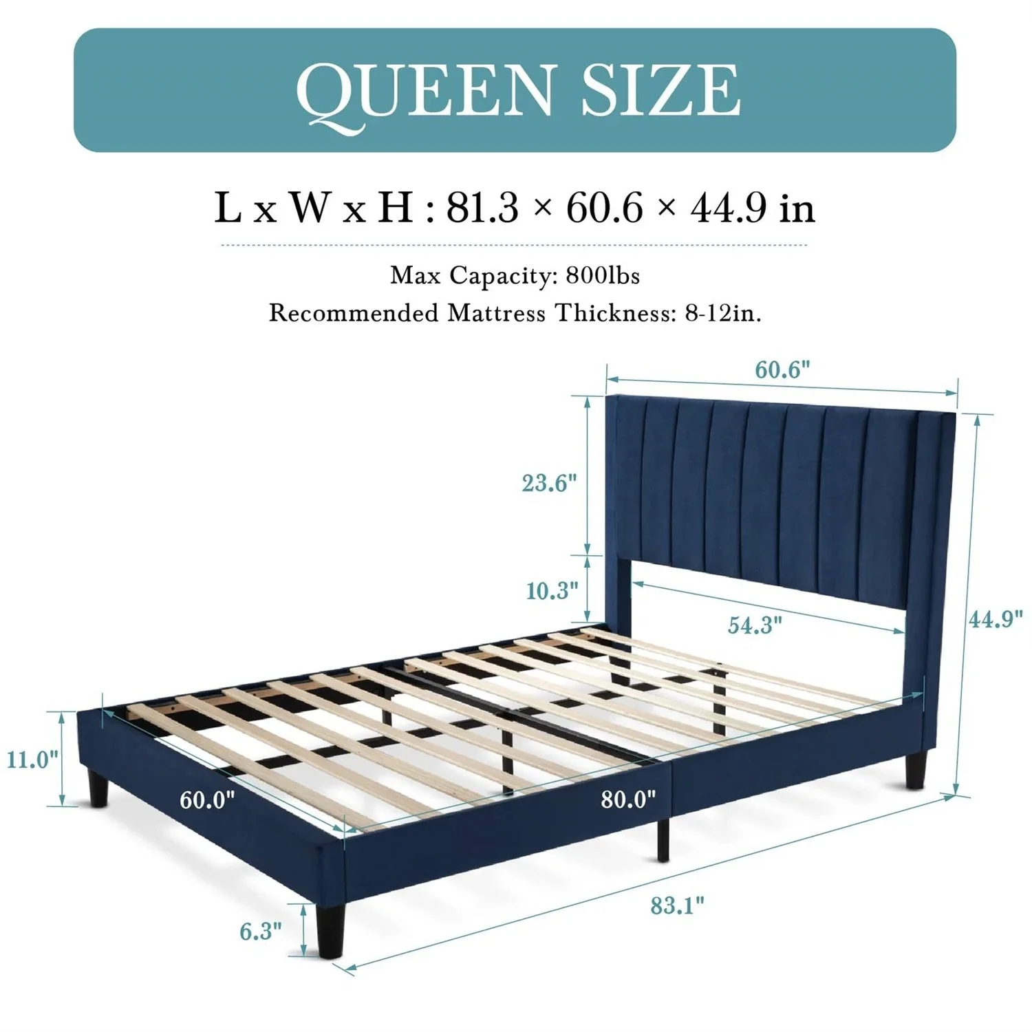 Queen size Modern Navy Blue Velvet Upholstered Platform Bed with Headboard - Image 5
