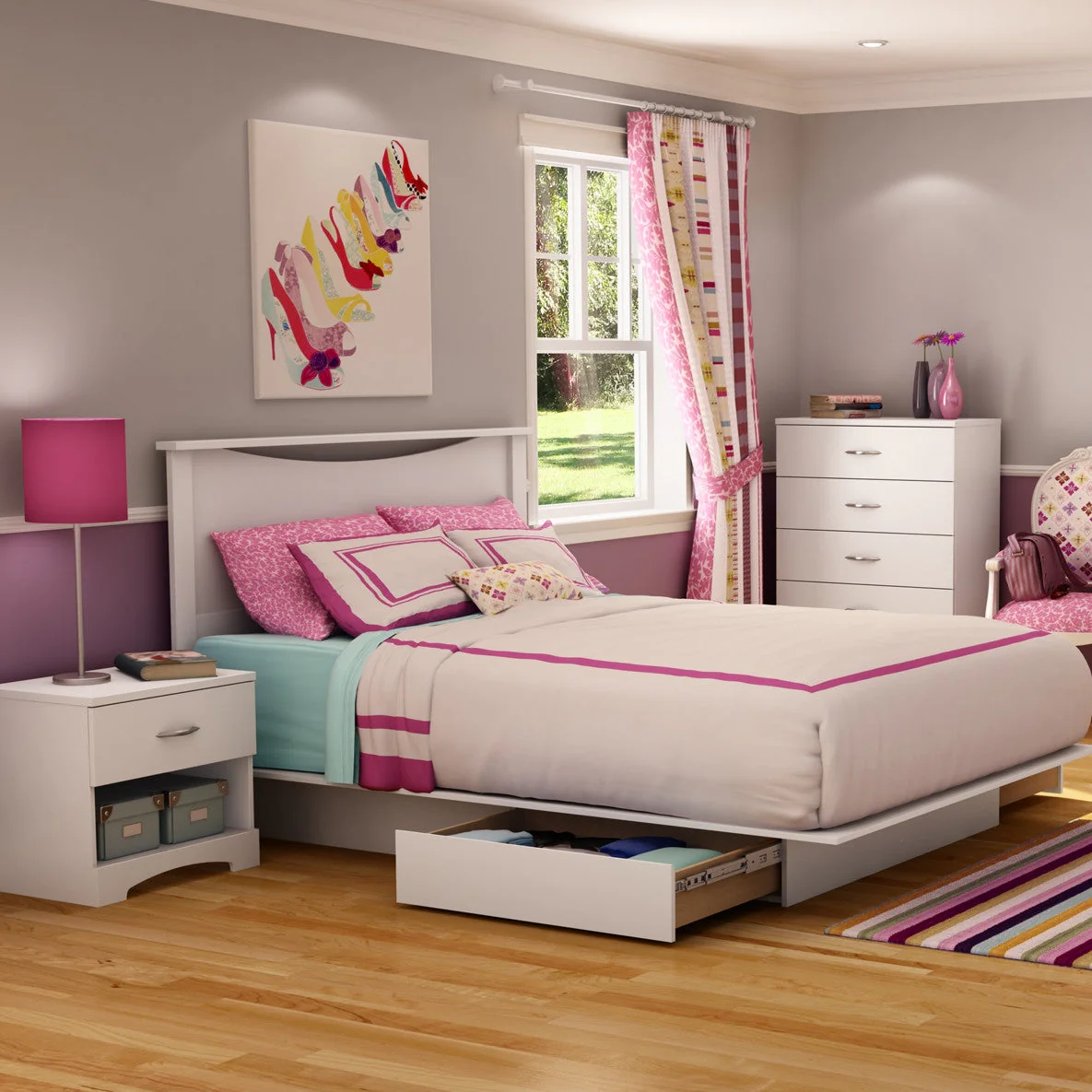 Queen size Modern Platform Bed with 2 Storage Drawers in White Finish - Image 2