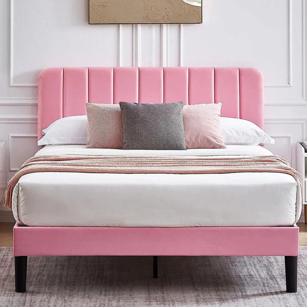 Queen size Pink Upholstered Platform Bed Frame with Headboard - Image 2
