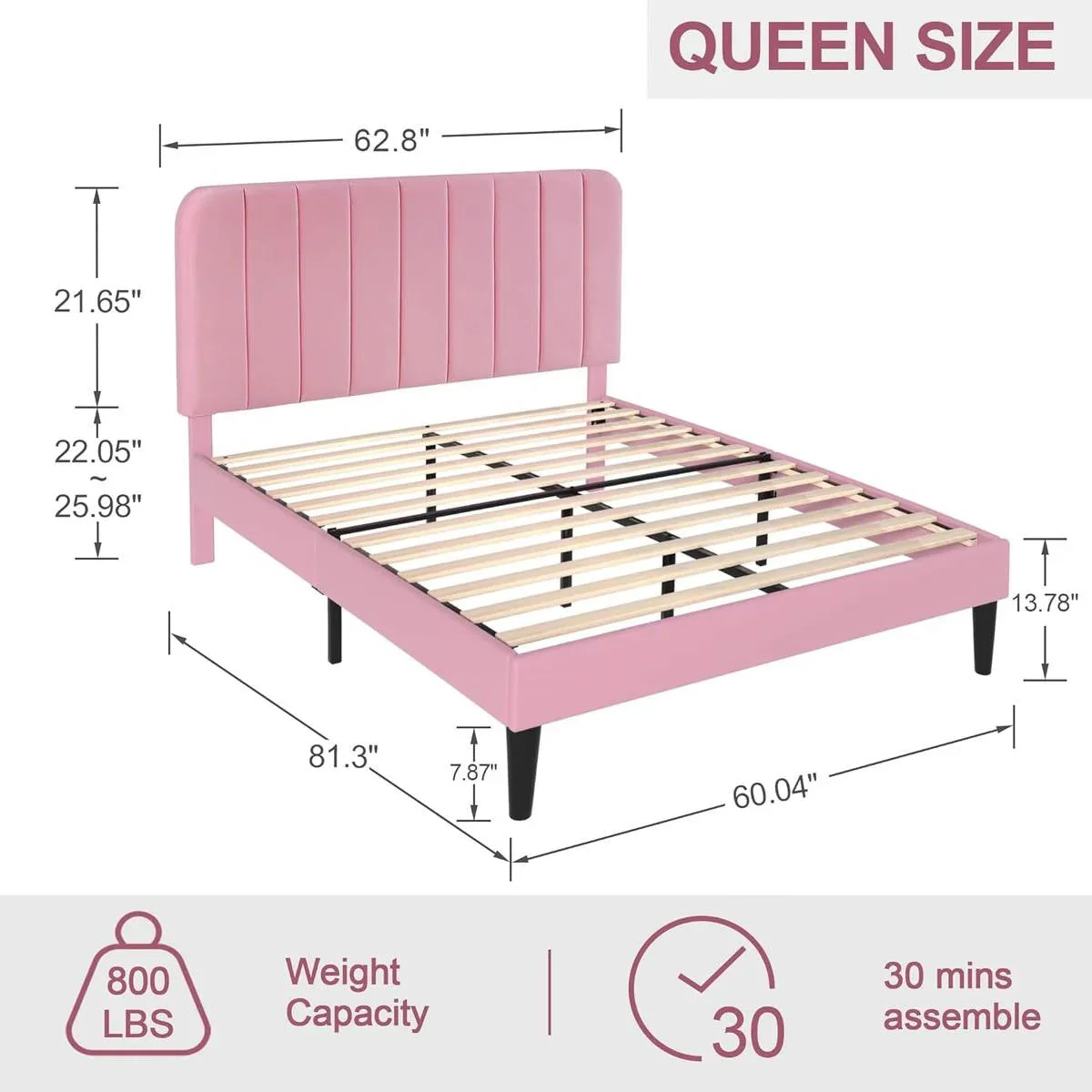 Queen size Pink Upholstered Platform Bed Frame with Headboard - Image 5