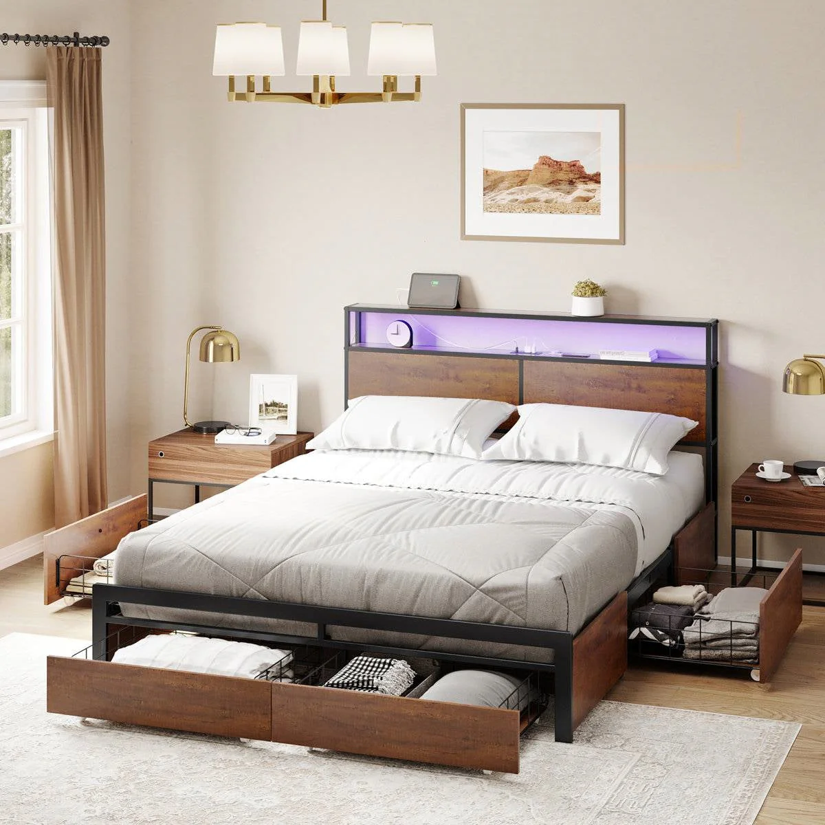 Queen size Platform Bed with Headboard and Storage Drawers in Brown Wood Finish - Image 2