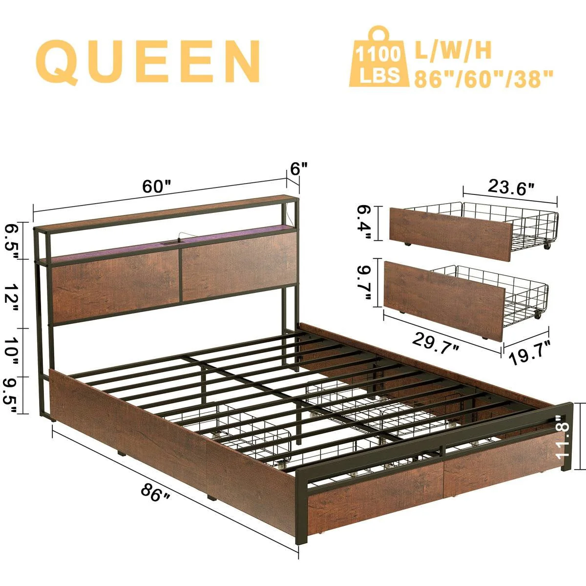 Queen size Platform Bed with Headboard and Storage Drawers in Brown Wood Finish - Image 5