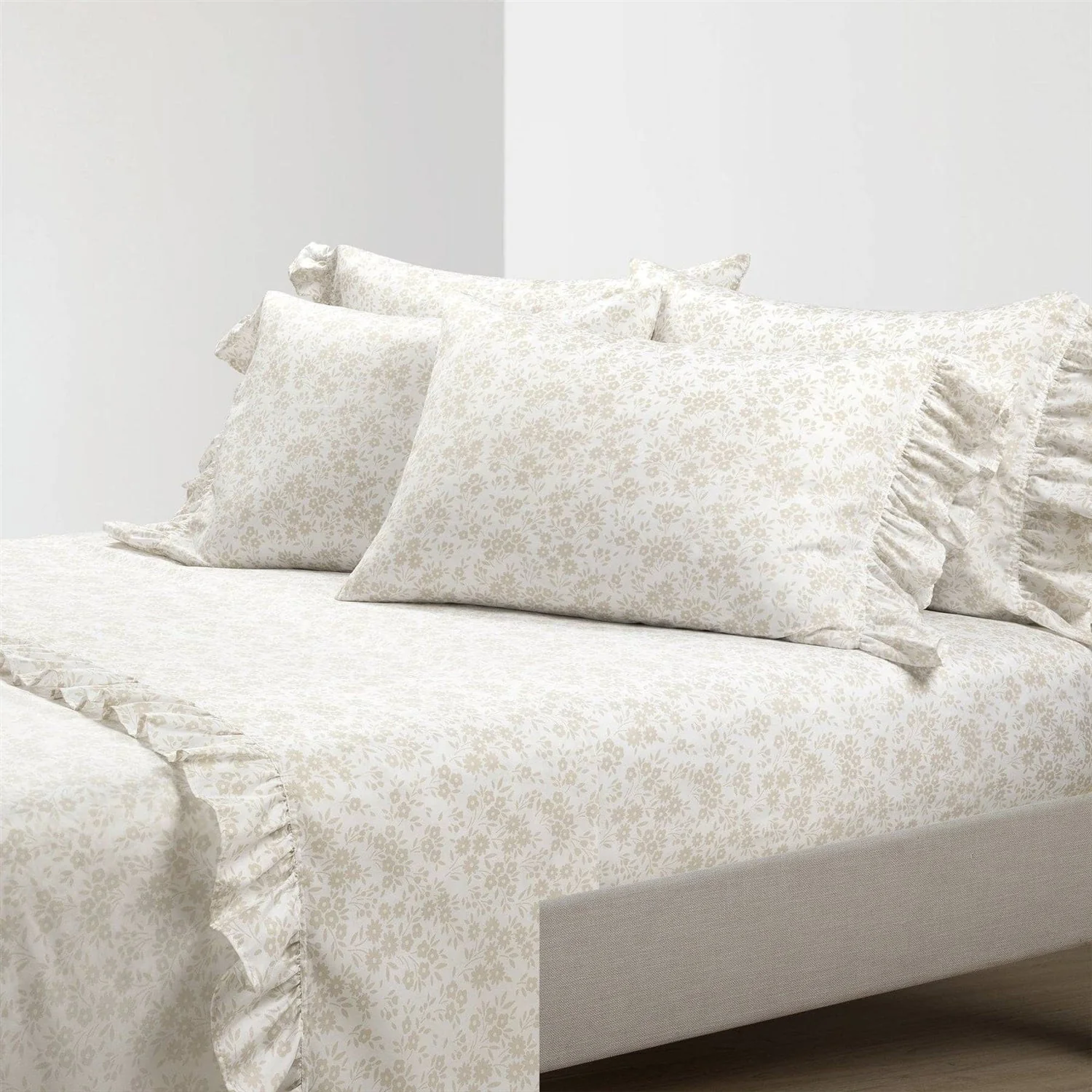 Queen Size Polyester Tan Ruffle Floral 6 Piece Sheet Set - Image 2