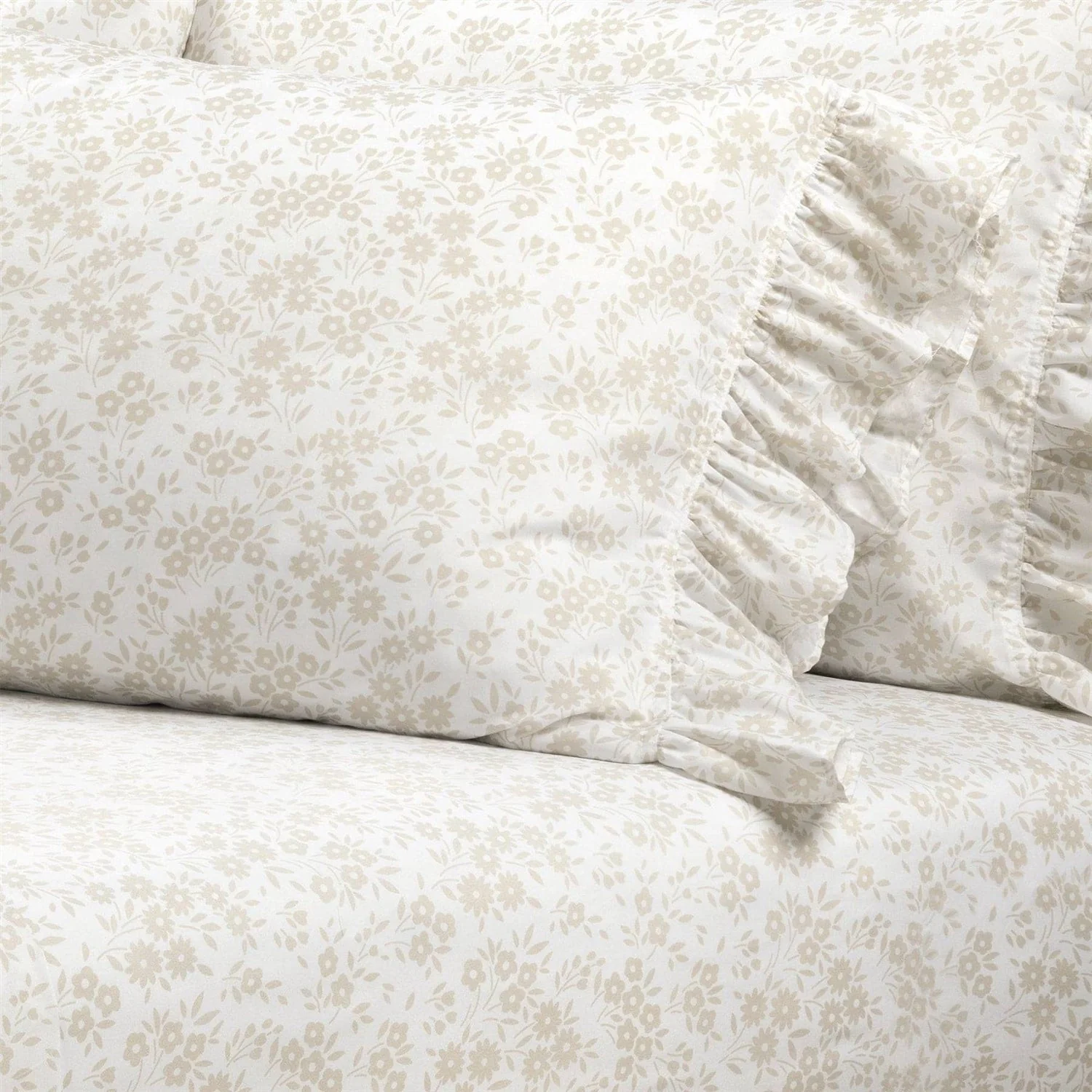 Queen Size Polyester Tan Ruffle Floral 6 Piece Sheet Set - Image 3