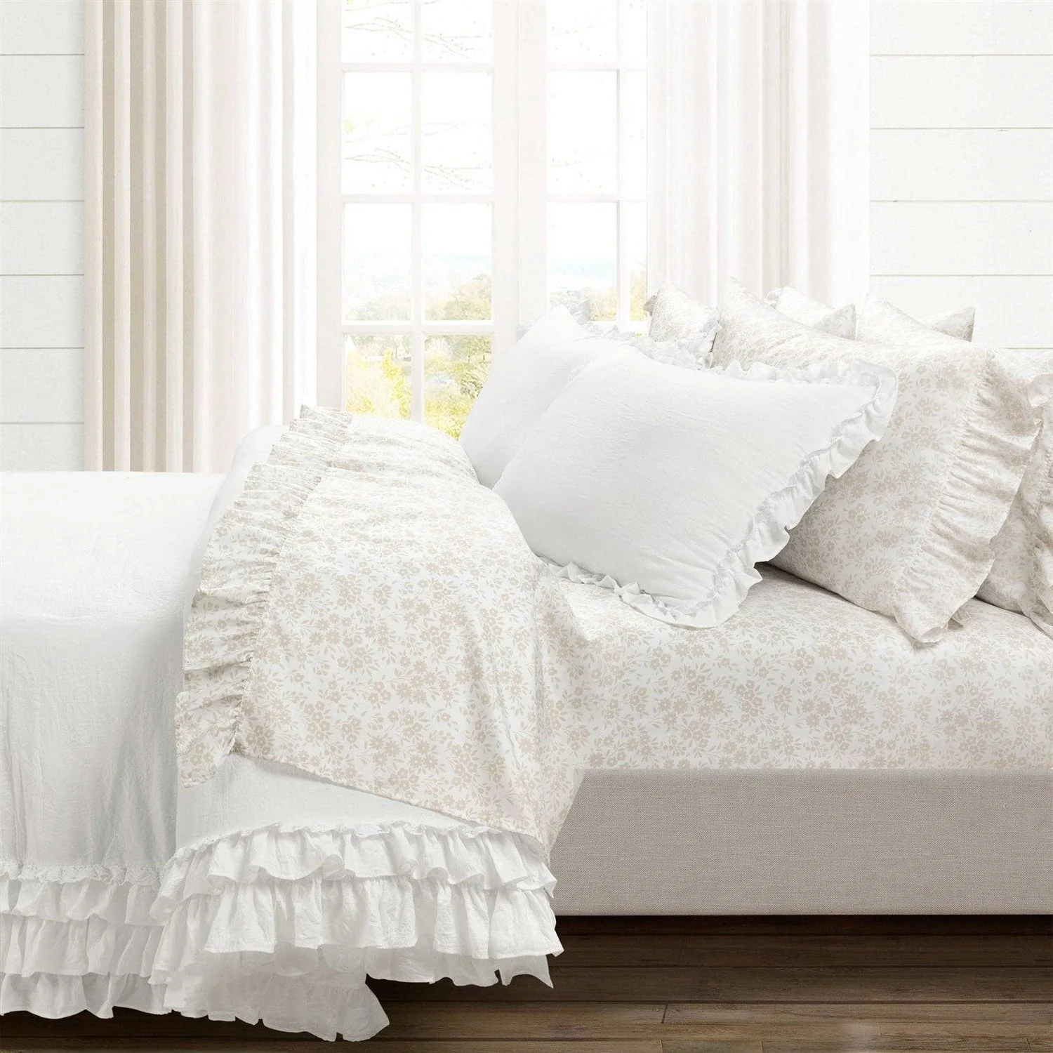 Queen Size Polyester Tan Ruffle Floral 6 Piece Sheet Set - Image 5