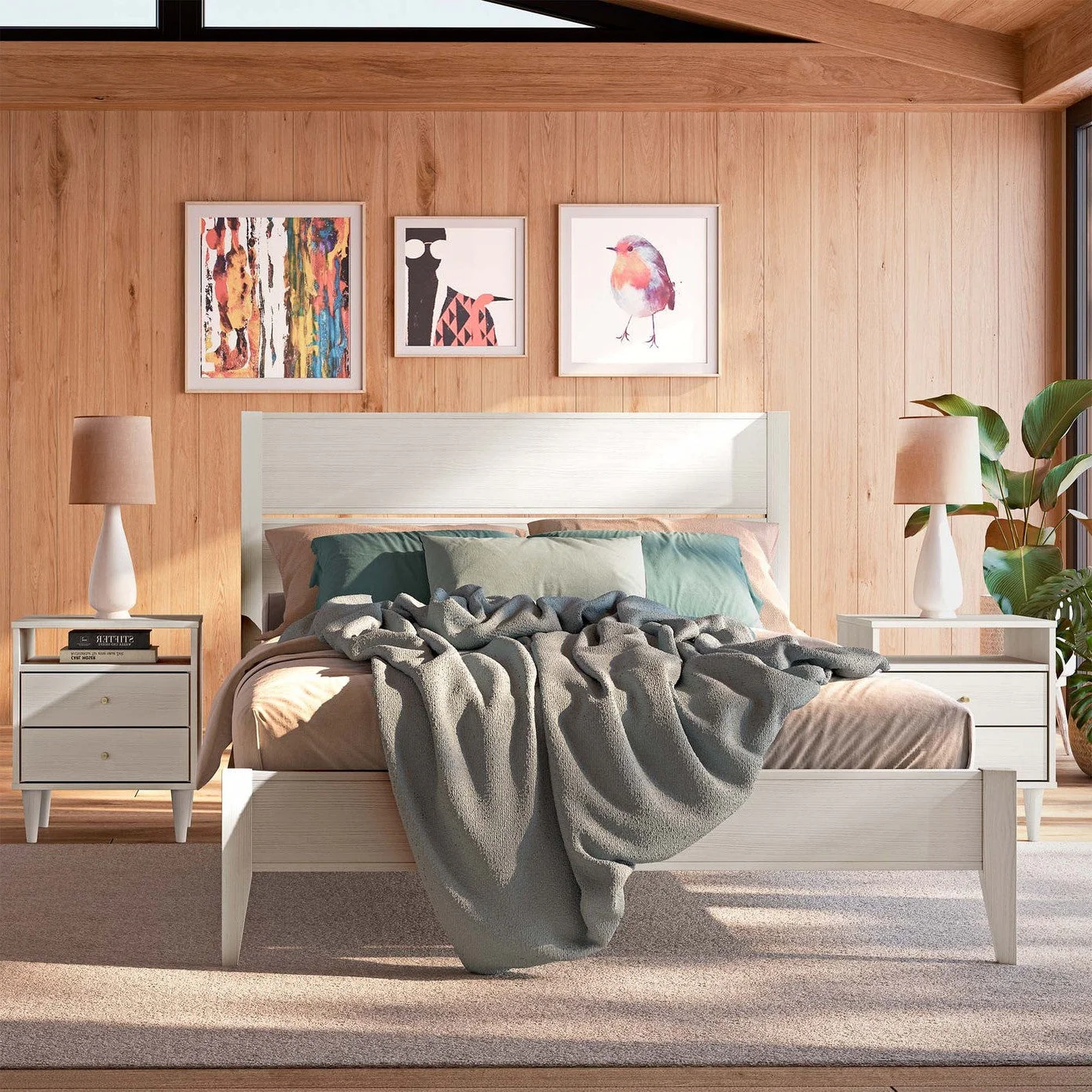 Queen Size Rustic White Mid Century Slatted Platform Bed - Image 3
