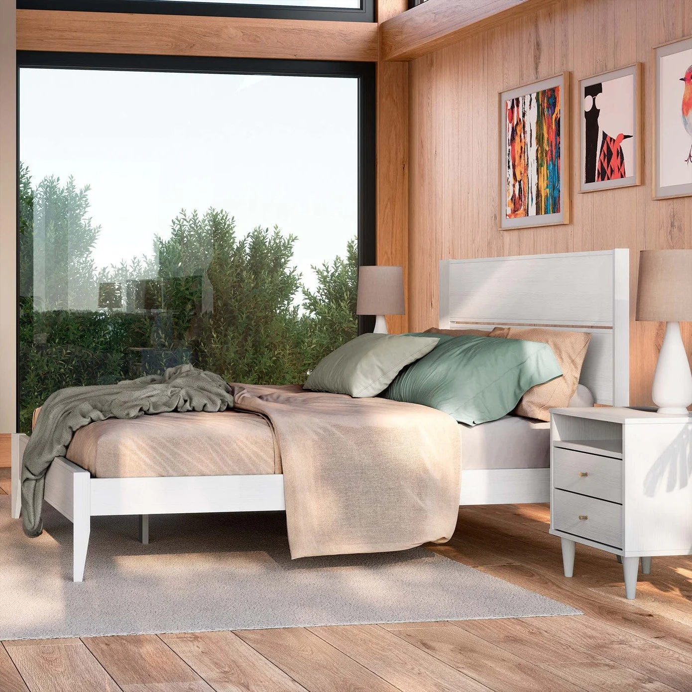 Queen Size Rustic White Mid Century Slatted Platform Bed - Image 4