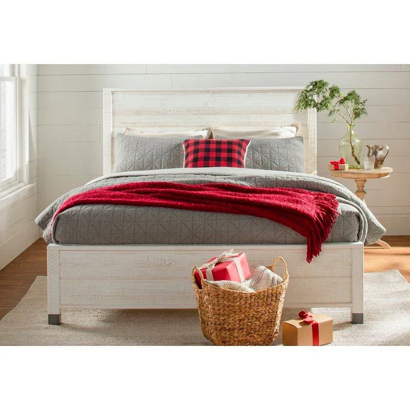 Queen Size Solid Wood Platform Bed Frame with Headboard in Rustic White Finish - Image 3