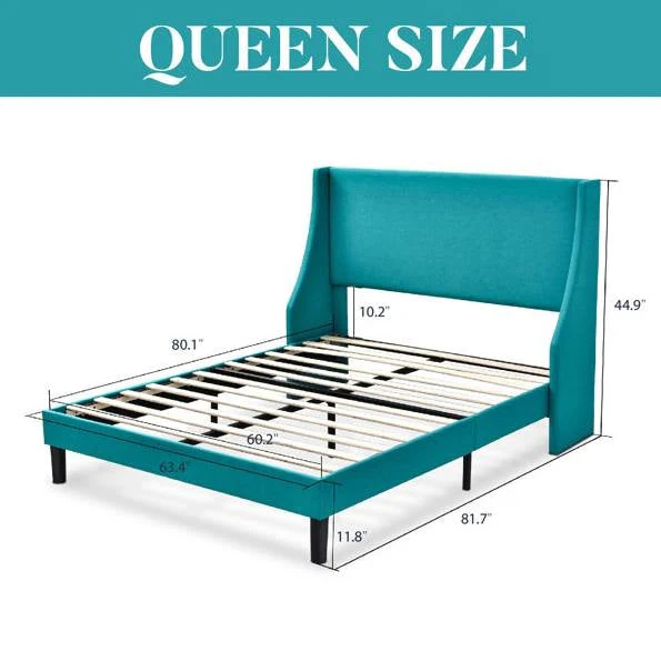 Queen Size Turquoise Linen Blend Upholstered Platform Bed with Wingback Headboard - Image 5