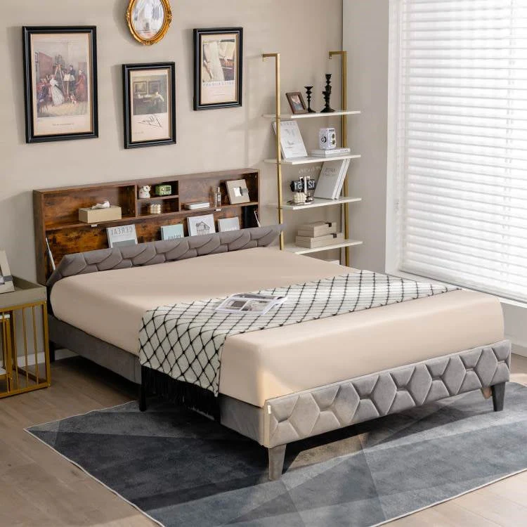 Queen Size Velvet Upholstered Open/Close Storage Headboard Platform Bed - Image 3