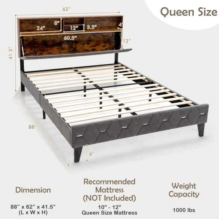 Queen Size Velvet Upholstered Open/Close Storage Headboard Platform Bed - Image 4