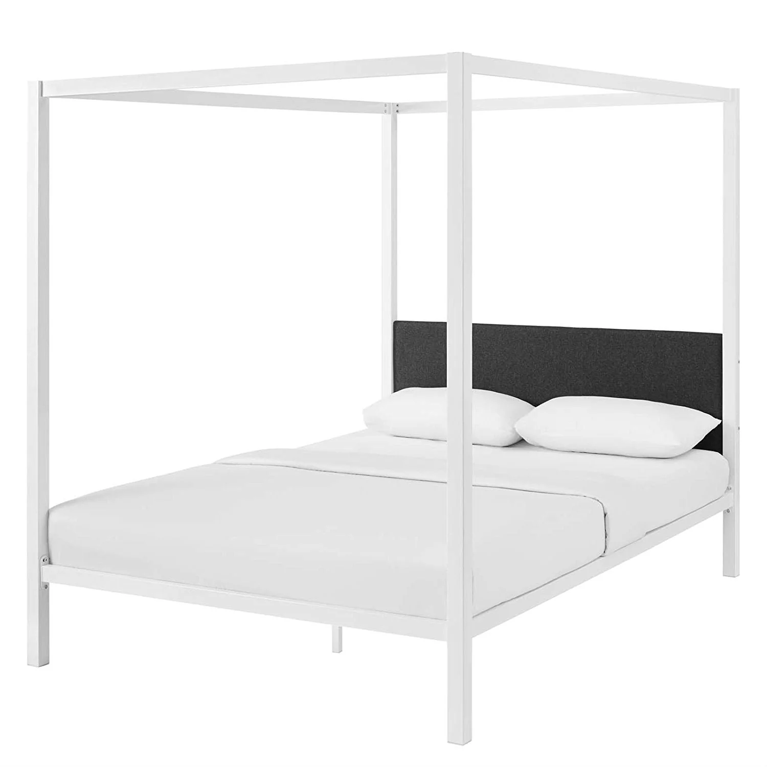 Queen size White Metal Canopy Bed Frame with Grey Fabric Upholstered Headboard - Image 2