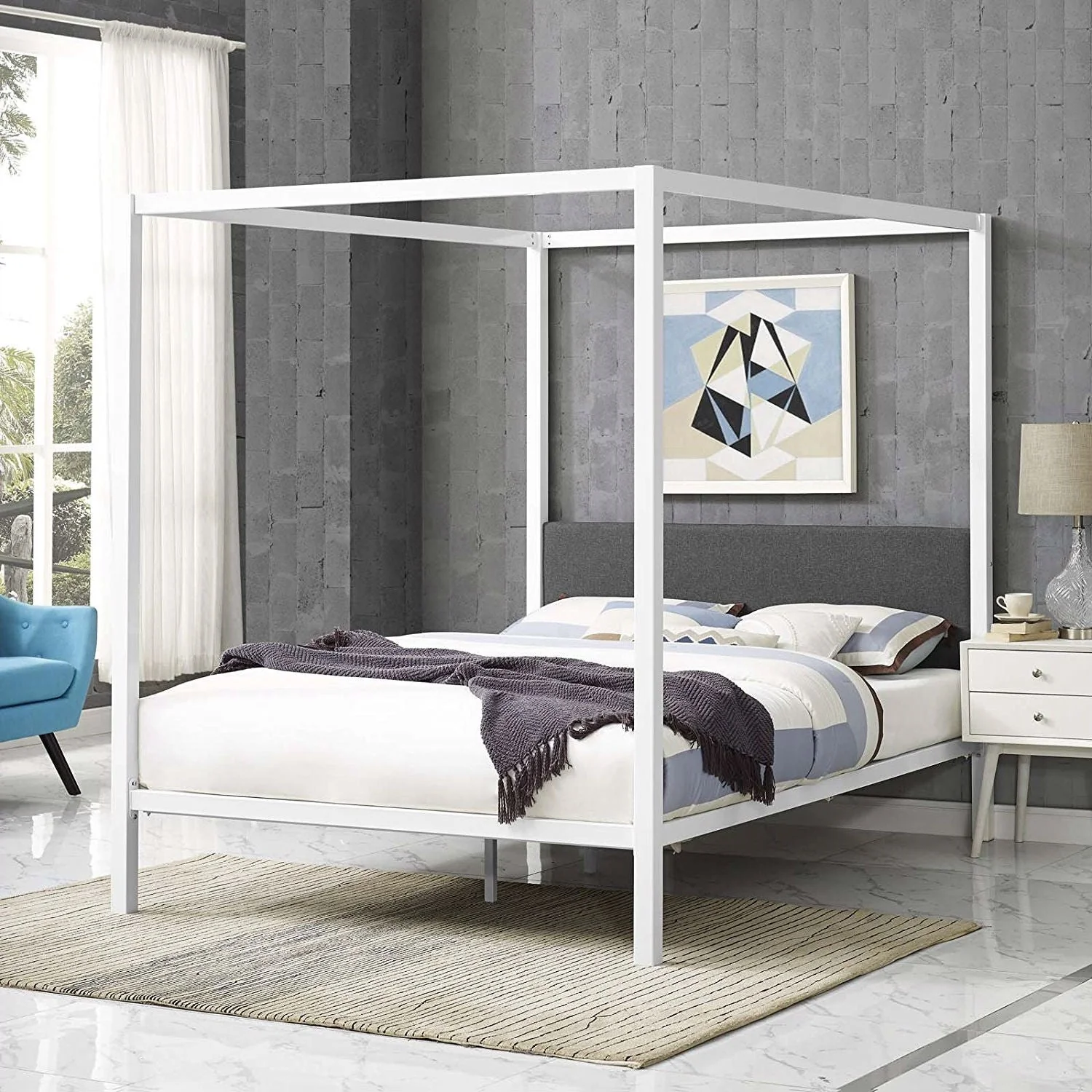 Queen size White Metal Canopy Bed Frame with Grey Fabric Upholstered Headboard - Image 4